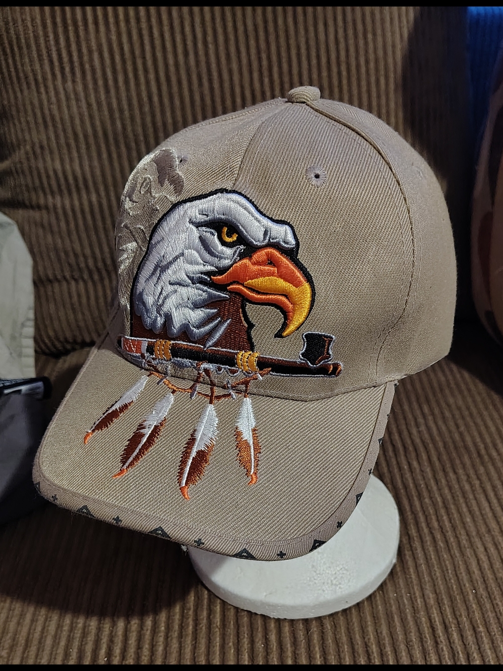 Tan Cap with Embroidered Eagle and Feathers
